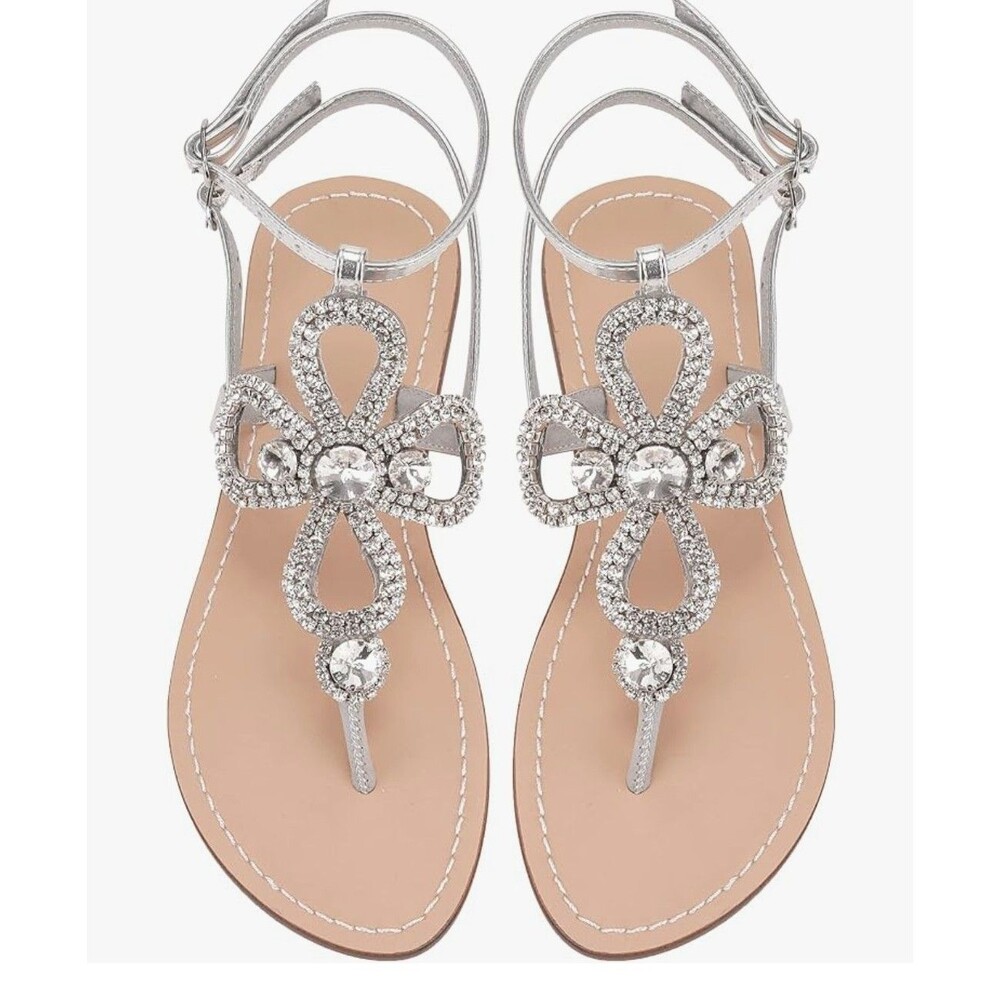 Women Rhinestone Flat Sandals Ankle Strap Summer Silver Gladiator Sz 10.5 New